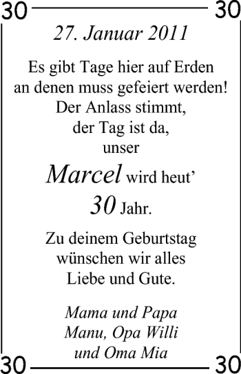 Glückwunschanzeige von Marcel  von Nordwest-Zeitung