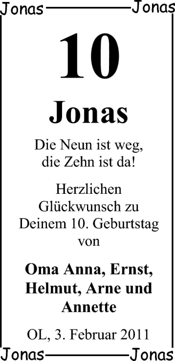 Glückwunschanzeige von Jonas  von Nordwest-Zeitung