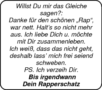 Glückwunschanzeige von Dein Rapperschatz von Nordwest-Zeitung