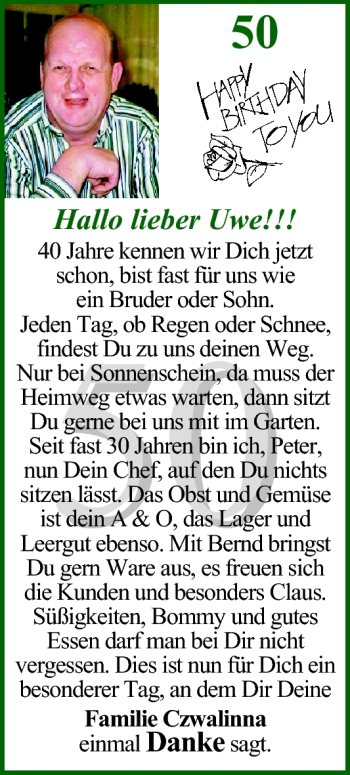 Glückwunschanzeige von Uwe  von Nordwest-Zeitung