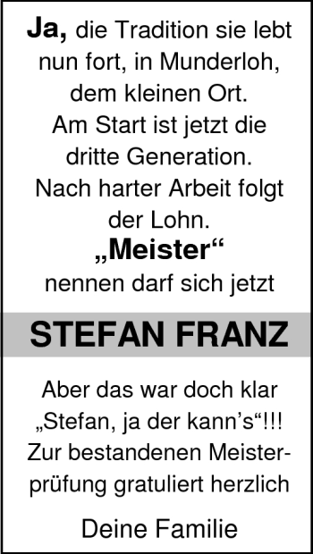 Glückwunschanzeige von Stefan Franz von Nordwest-Zeitung