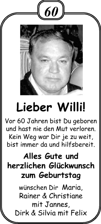 Glückwunschanzeige von Willi  von Nordwest-Zeitung