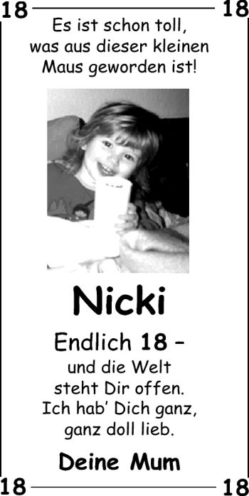 Glückwunschanzeige von Nicki  von Nordwest-Zeitung