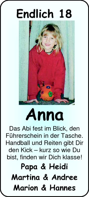 Glückwunschanzeige von Anna  von Nordwest-Zeitung