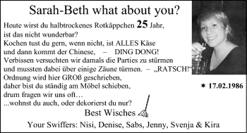 Glückwunschanzeige von Sarah  von Nordwest-Zeitung