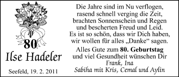 Glückwunschanzeige von Ilse Hadeler von Nordwest-Zeitung