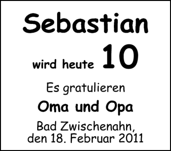 Glückwunschanzeige von Sebastian  von Nordwest-Zeitung