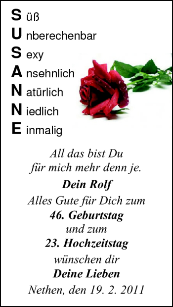 Glückwunschanzeige von Susanne  von Nordwest-Zeitung