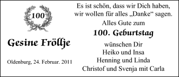 Glückwunschanzeige von Gesine Fröllje von Nordwest-Zeitung