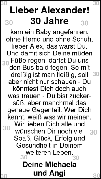 Glückwunschanzeige von Alexander  von Nordwest-Zeitung