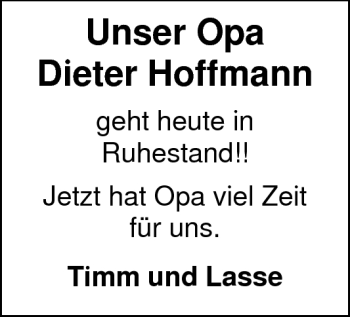 Glückwunschanzeige von Dieter Hoffmann von Nordwest-Zeitung
