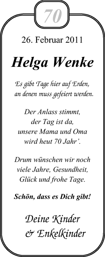 Glückwunschanzeige von Helga Wenke von Nordwest-Zeitung