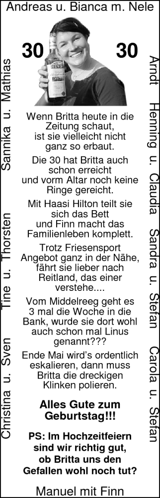 Glückwunschanzeige von Britta  von Nordwest-Zeitung