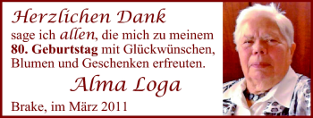 Glückwunschanzeige von Alma Loga von Nordwest-Zeitung
