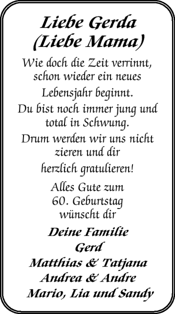 Glückwunschanzeige von Gerda  von Nordwest-Zeitung