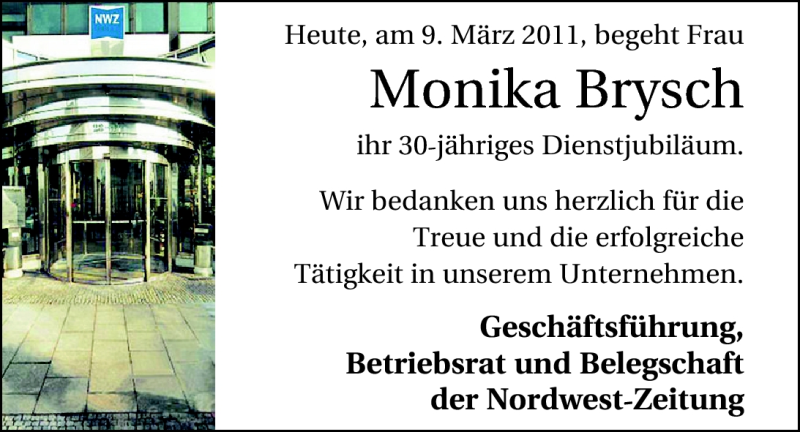 Anzeige für Monika Brysch vom 09.03.2011 aus Nordwest-Zeitung