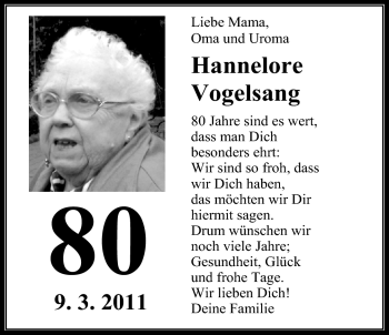 Glückwunschanzeige von Hannelore Vogelsang von Nordwest-Zeitung