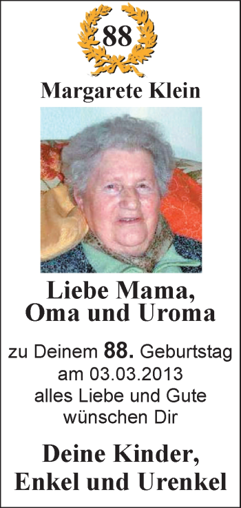 Glückwunschanzeige von Margarete Klein von Nordwest-Zeitung