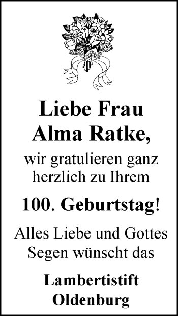 Glückwunschanzeige von Ratke Alma von Nordwest-Zeitung
