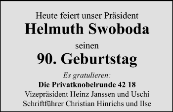Glückwunschanzeige von Helmuth Swoboda von Nordwest-Zeitung