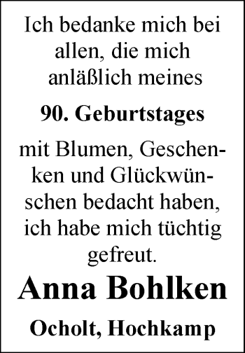 Glückwunschanzeige von Anna Bohlken von Nordwest-Zeitung