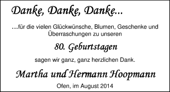 Glückwunschanzeige von Martha und Hermann Hoopmann von Nordwest-Zeitung
