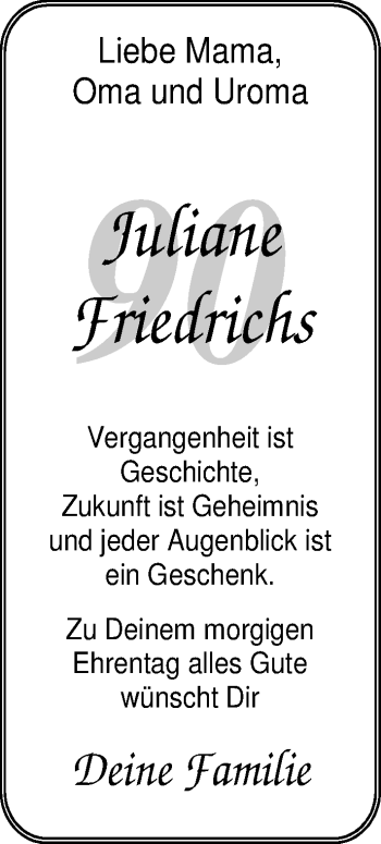 Glückwunschanzeige von Juliane Friedrichs von Nordwest-Zeitung