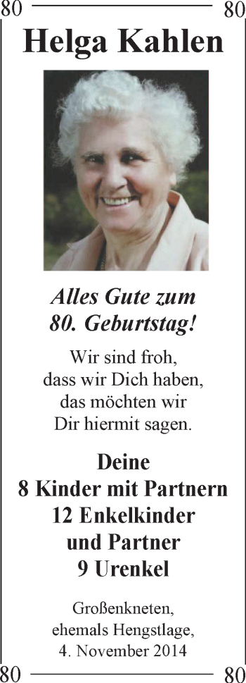 Glückwunschanzeige von Helga Kahlen von Nordwest-Zeitung