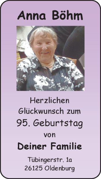 Glückwunschanzeige von Anna Böhm von Nordwest-Zeitung