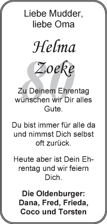 Glückwunschanzeige von Helga Zoeke von Nordwest-Zeitung