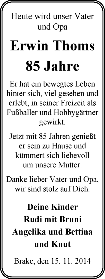 Glückwunschanzeige von Erwin Thoms von Nordwest-Zeitung