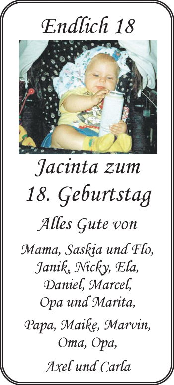 Glückwunschanzeige von Jacinta  von Nordwest-Zeitung