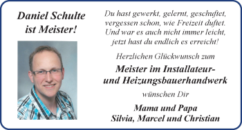 Glückwunschanzeige von Daniel Schulte von Nordwest-Zeitung