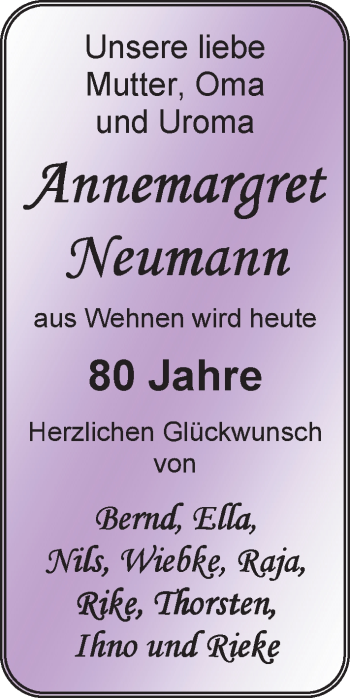 Glückwunschanzeige von Annemargret Neumann von Nordwest-Zeitung