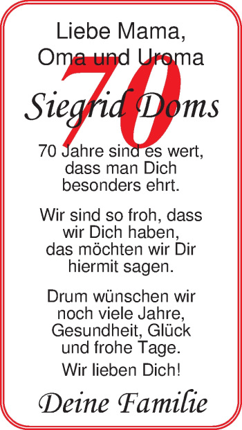 Glückwunschanzeige von Sigrid Doms von Nordwest-Zeitung