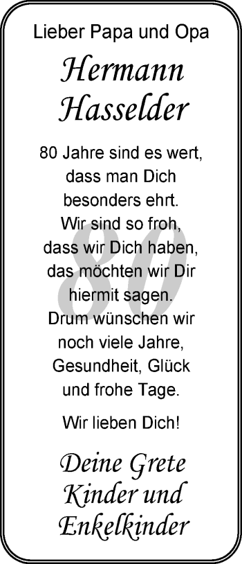Glückwunschanzeige von Hermann Hasselder von Nordwest-Zeitung