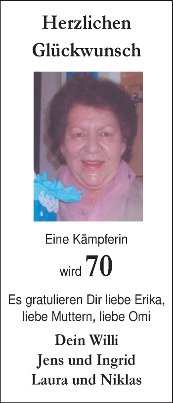 Glückwunschanzeige von Erika 70  von Nordwest-Zeitung