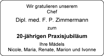 Glückwunschanzeige von F. P. Zimmermann von Nordwest-Zeitung
