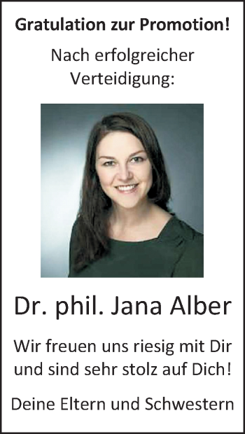 Glückwunschanzeige von Dr. Jana Alber von Nordwest-Zeitung