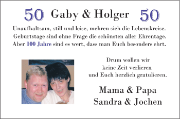 Glückwunschanzeige von Gaby & Holger 50 + 50 = 100  von Nordwest-Zeitung