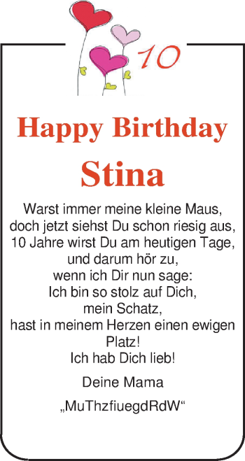 Glückwunschanzeige von Stina 10  von Nordwest-Zeitung