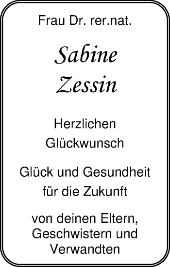 Glückwunschanzeige von Sabine Zessin von Nordwest-Zeitung