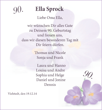 Glückwunschanzeige von Ella Sprock von Nordwest-Zeitung