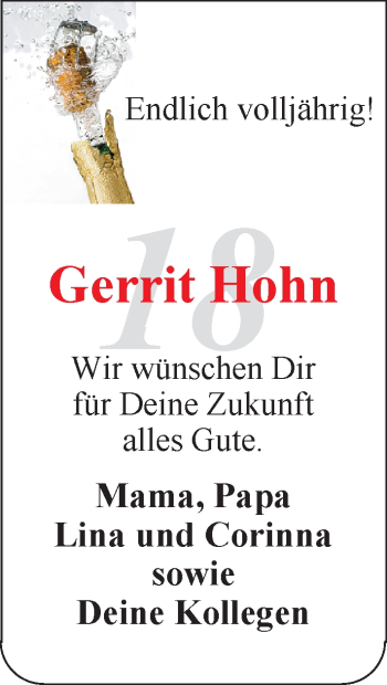 Glückwunschanzeige von Gerrit Hohn von Nordwest-Zeitung