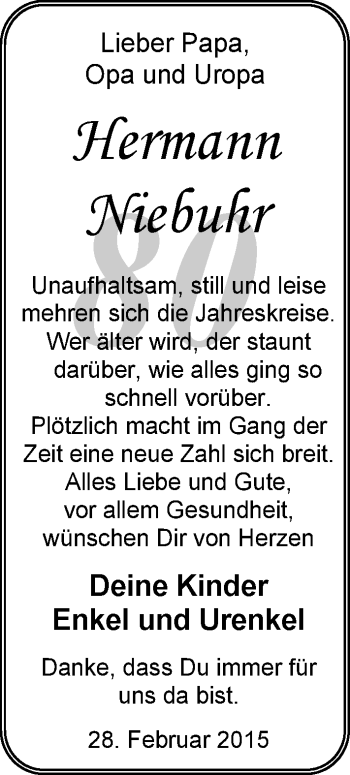 Glückwunschanzeige von Hermann Niebuhr von Nordwest-Zeitung