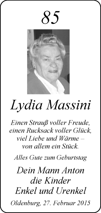 Glückwunschanzeige von Lydia Massini von Nordwest-Zeitung