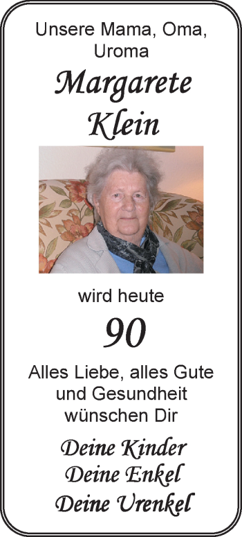 Glückwunschanzeige von Margarete Klein von Nordwest-Zeitung