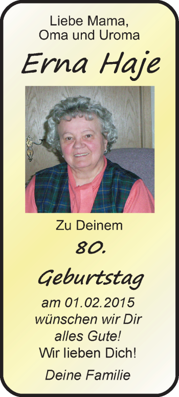 Glückwunschanzeige von Erna Haje von Nordwest-Zeitung