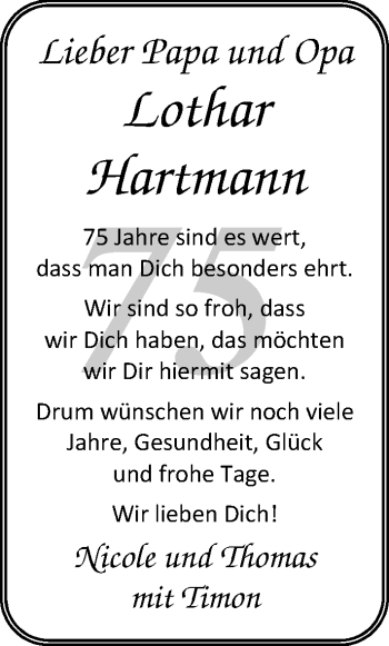 Glückwunschanzeige von Lothar Hartmann von Nordwest-Zeitung