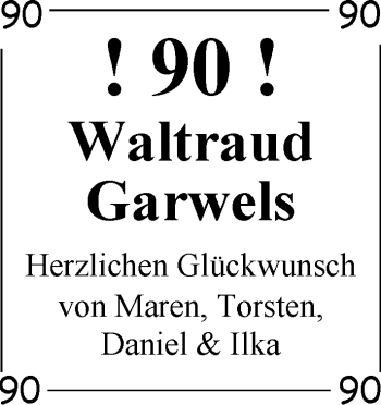 Glückwunschanzeige von Waltraud Garwels von Nordwest-Zeitung